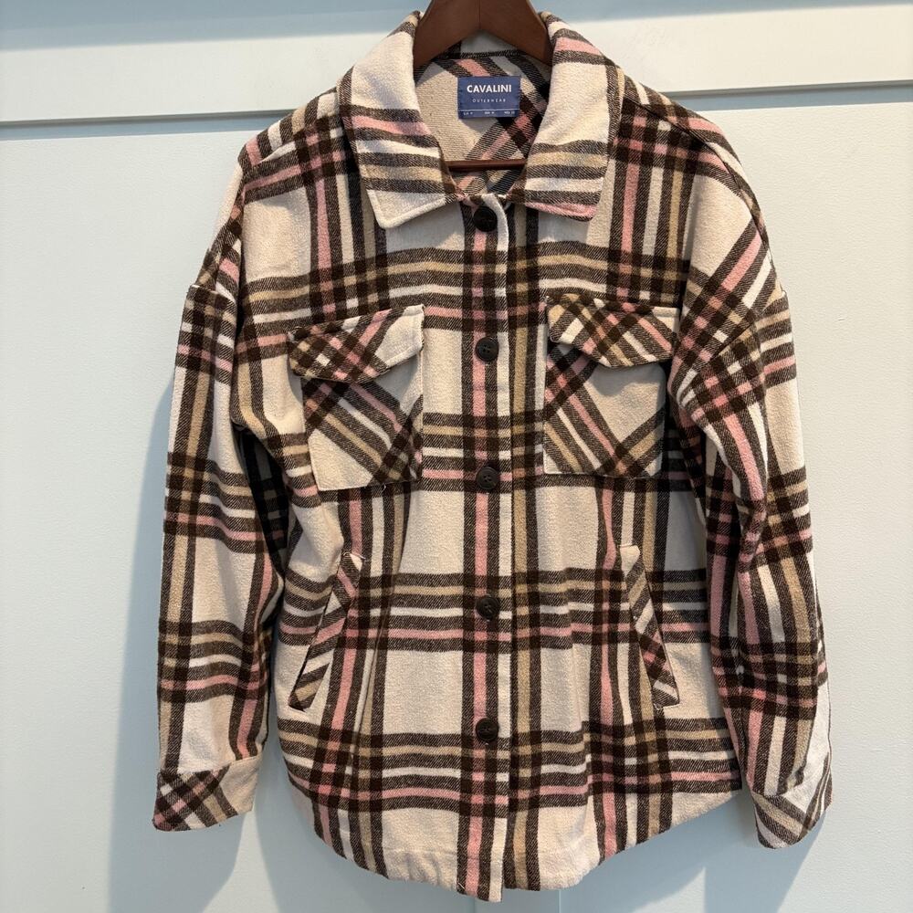 Cavalini Jacket Women Medium Brown Pink Cream Plaid Shacket Button Pockets Fall